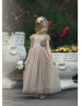 Dark Champagne Lace Tulle Pearl Elastic Back Flower Girl Dress